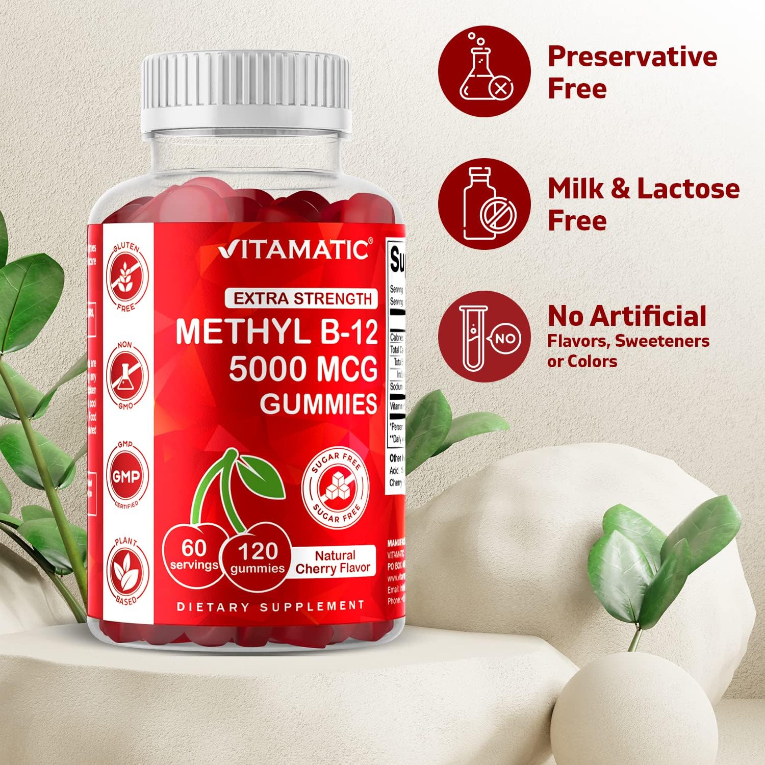 Vitamatic 5000 mcg Methyl B12 Gummies - 120 Count, Natural Cherry Flavor, Energy & Nervous System Support