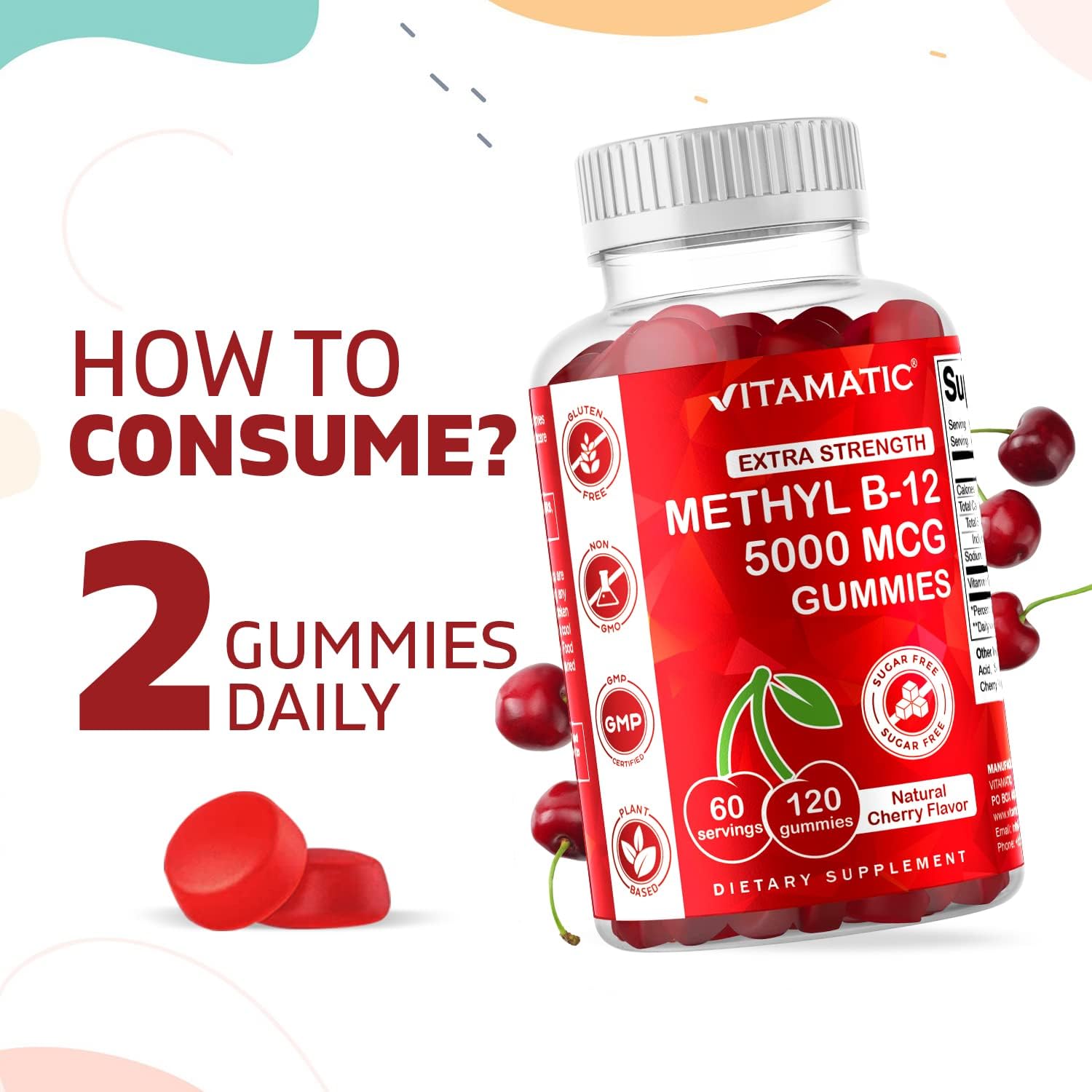Vitamatic 5000 mcg Methyl B12 Gummies - 120 Count, Natural Cherry Flavor, Energy & Nervous System Support