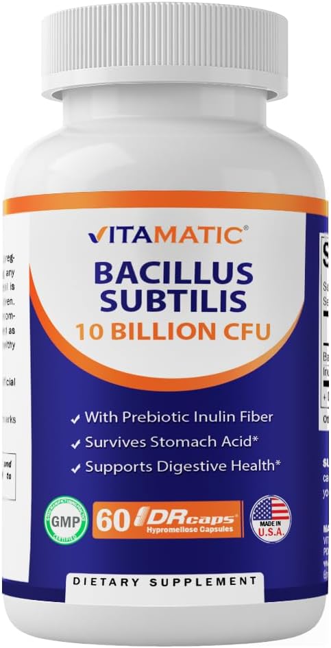 Vitamatic Bacillus Subtilis Capsules with 10 Billion CFU - 60 Count - Digestive, Gut & Immune Health Support - Prebiotic Inulin Fiber for Gut Health - BoostGo Australia