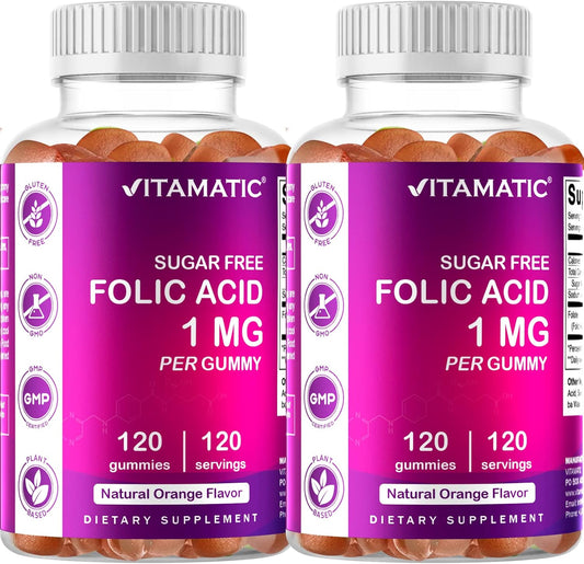 Vitamatic Folic Acid Gummies 1000 mcg - 2 Pack for Prenatal Health - Vegan Vitamin B9 Supplement - 120 Gummies - BoostGo Australia