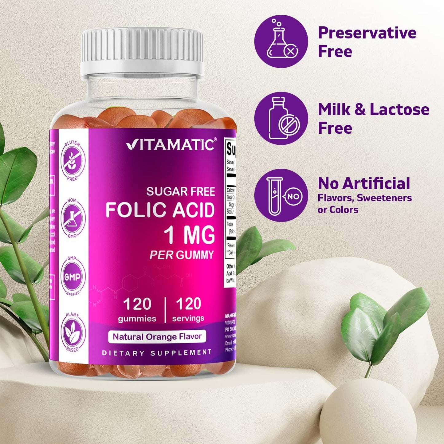 Vitamatic Folic Acid Gummies 1000 mcg - 2 Pack for Prenatal Health - Vegan Vitamin B9 Supplement - 120 Gummies - BoostGo Australia