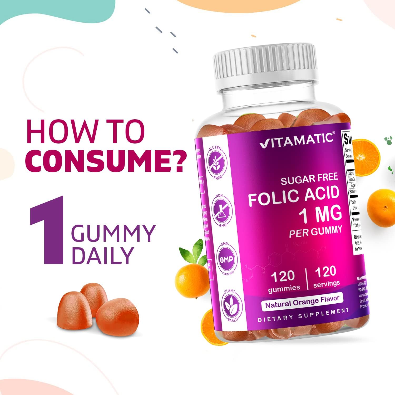 Vitamatic Folic Acid Gummies 1000 mcg - 2 Pack for Prenatal Health - Vegan Vitamin B9 Supplement - 120 Gummies - BoostGo Australia