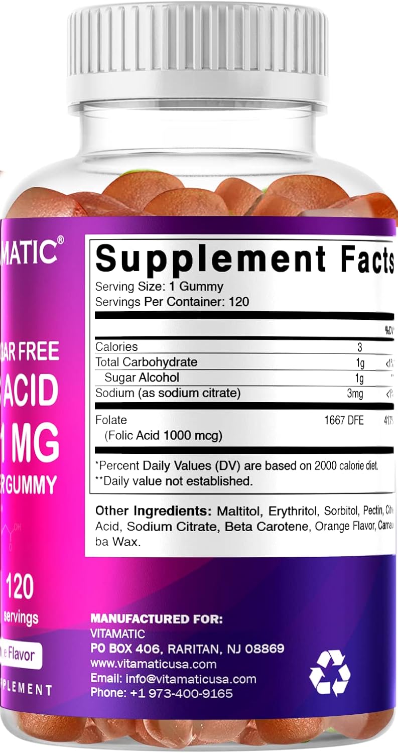 Vitamatic Folic Acid Gummies 1000 mcg - 2 Pack for Prenatal Health - Vegan Vitamin B9 Supplement - 120 Gummies - BoostGo Australia