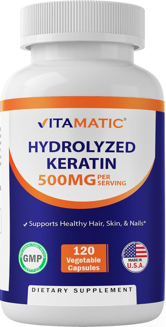Vitamatic Hydrolyzed Keratin Capsules - 500mg per Serving - 120 Vegetarian Capsules - Hair Skin & Nails Support