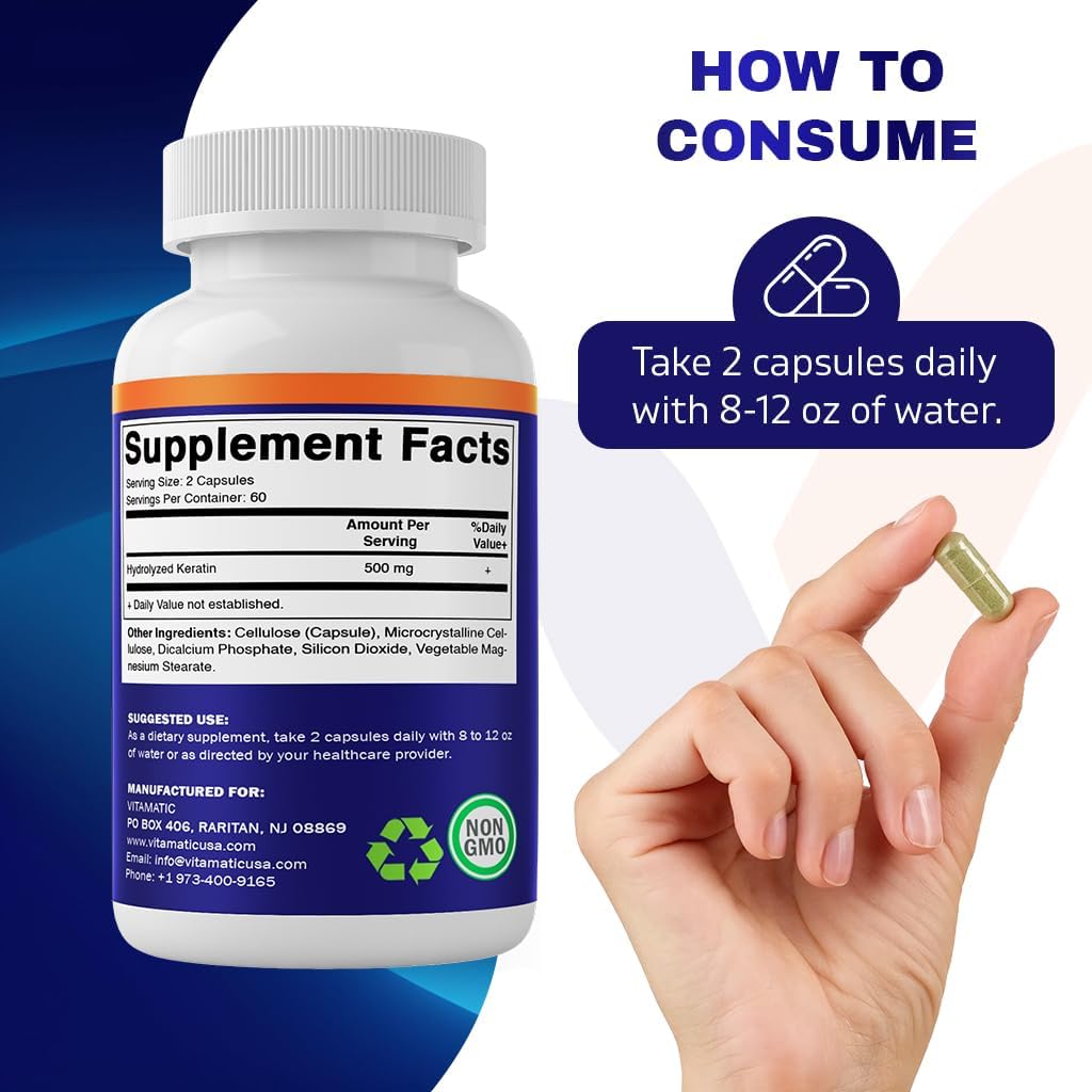 Vitamatic Hydrolyzed Keratin Capsules - 500mg per Serving - 120 Vegetarian Capsules - Hair Skin & Nails Support
