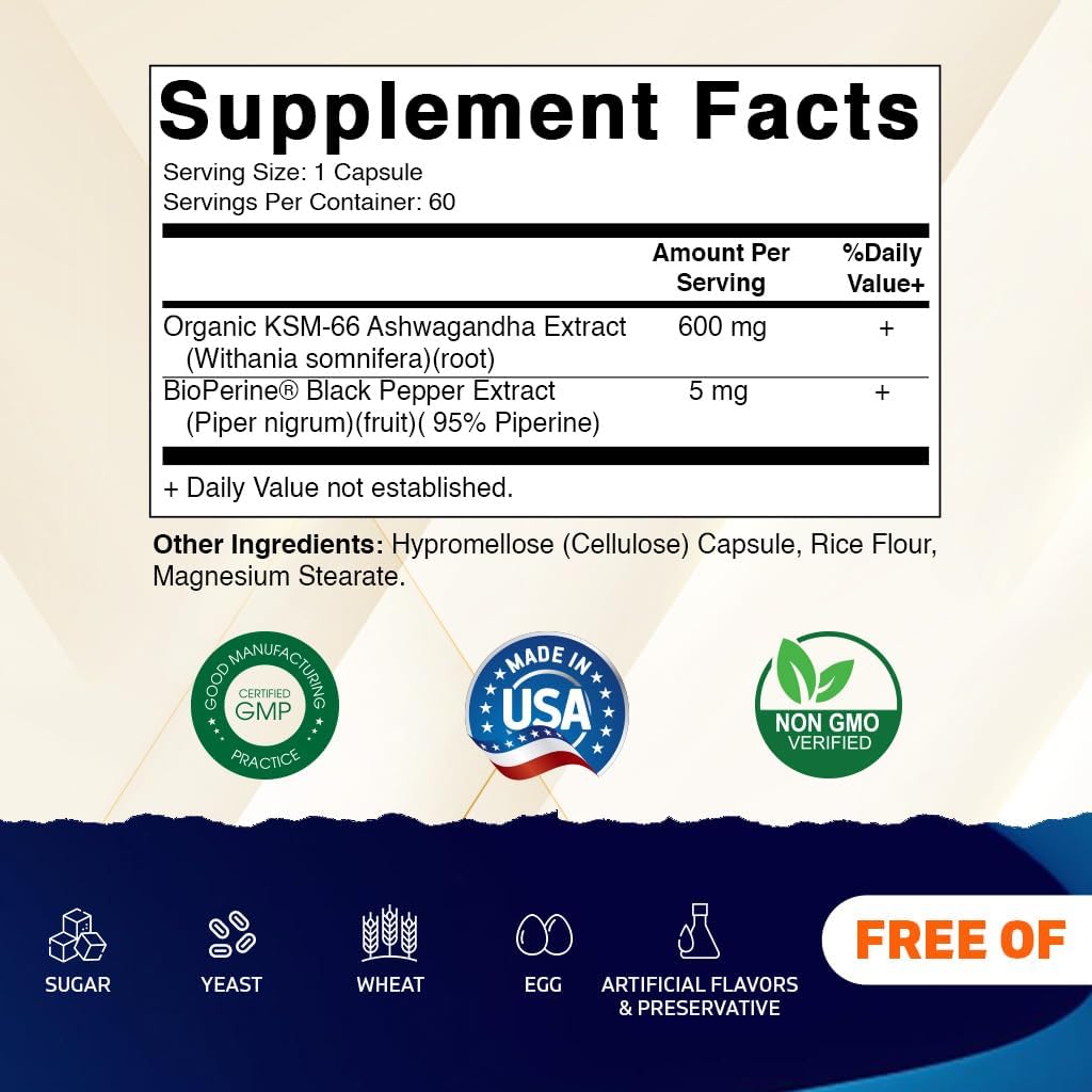 Vitamatic KSM-66 Ashwagandha Root Extract Capsules - 600mg, 60 Count with Bioperine for Enhanced Absorption