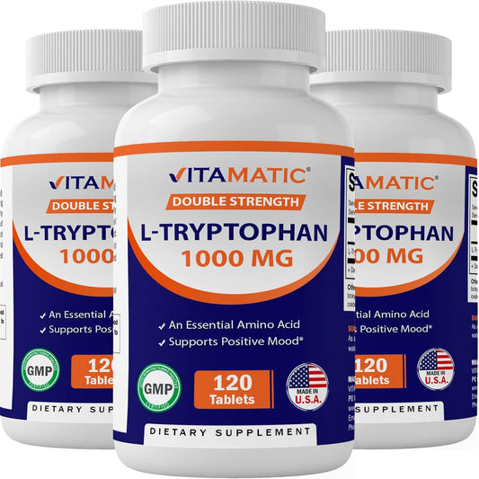 Vitamatic L-Tryptophan 1000mg 120 Tablets - 3 Bottles Pack for Mood & Relaxation