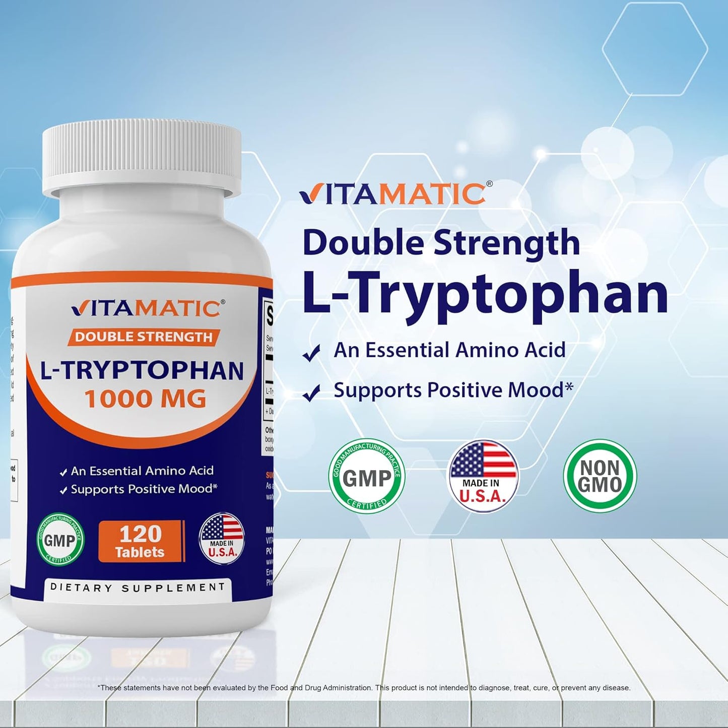 Vitamatic L-Tryptophan 1000mg 120 Tablets - 3 Bottles Pack for Mood & Relaxation