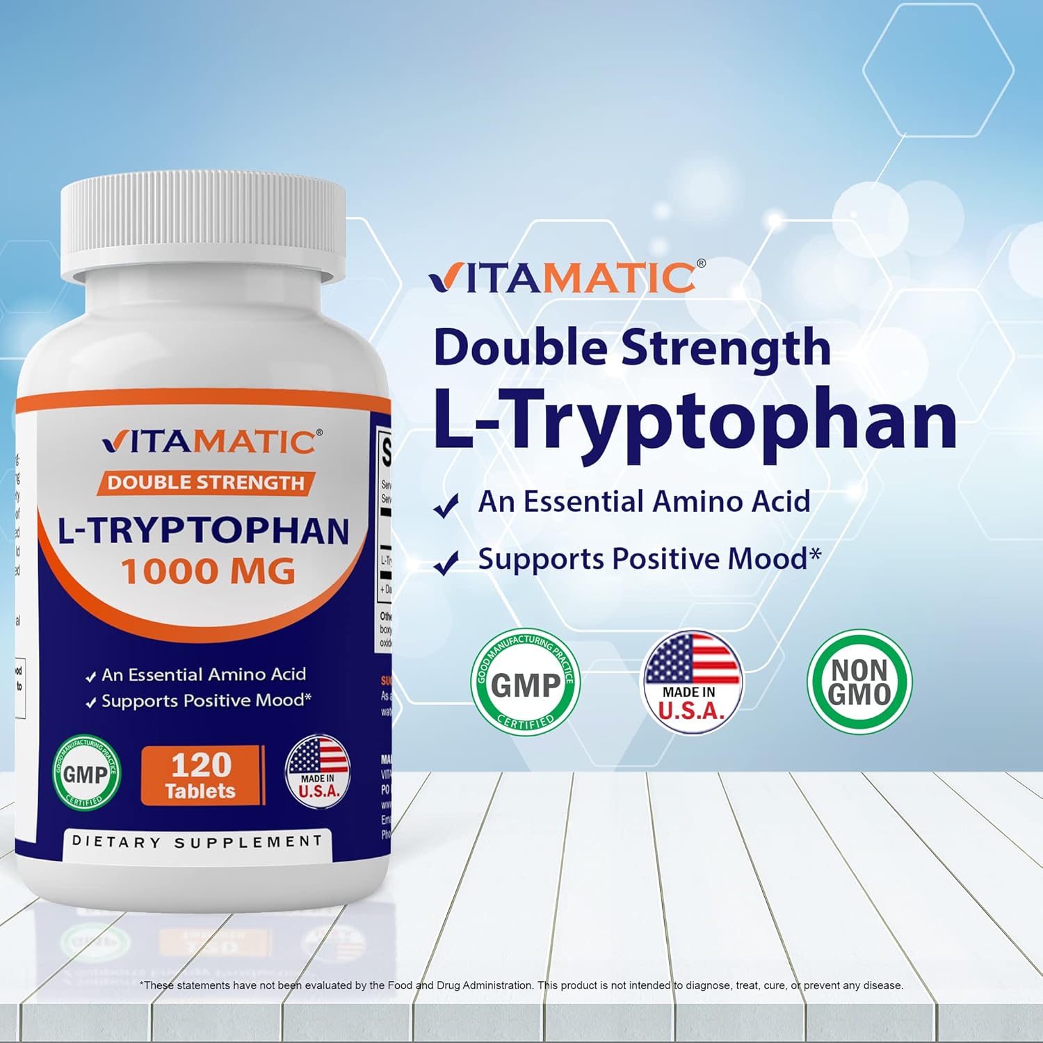 Vitamatic L-Tryptophan 1000mg 120 Tablets - 3 Bottles Pack for Mood & Relaxation