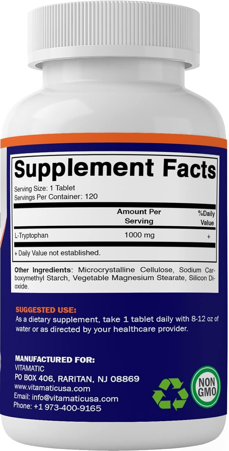 Vitamatic L-Tryptophan 1000mg 120 Tablets - 3 Bottles Pack for Mood & Relaxation