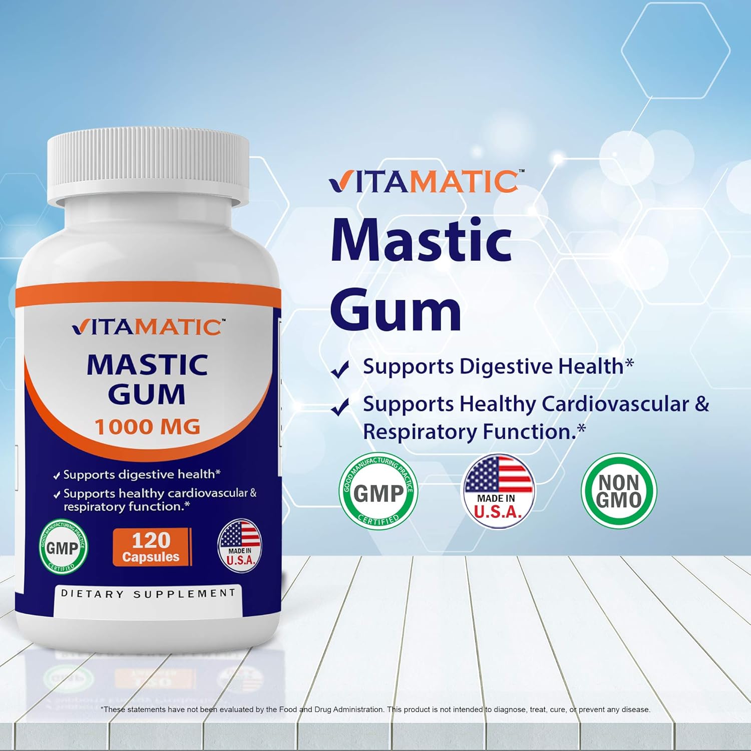Vitamatic Mastic Gum Capsules - 1000mg per Serving for Digestive and Oral Health - 120 Count
