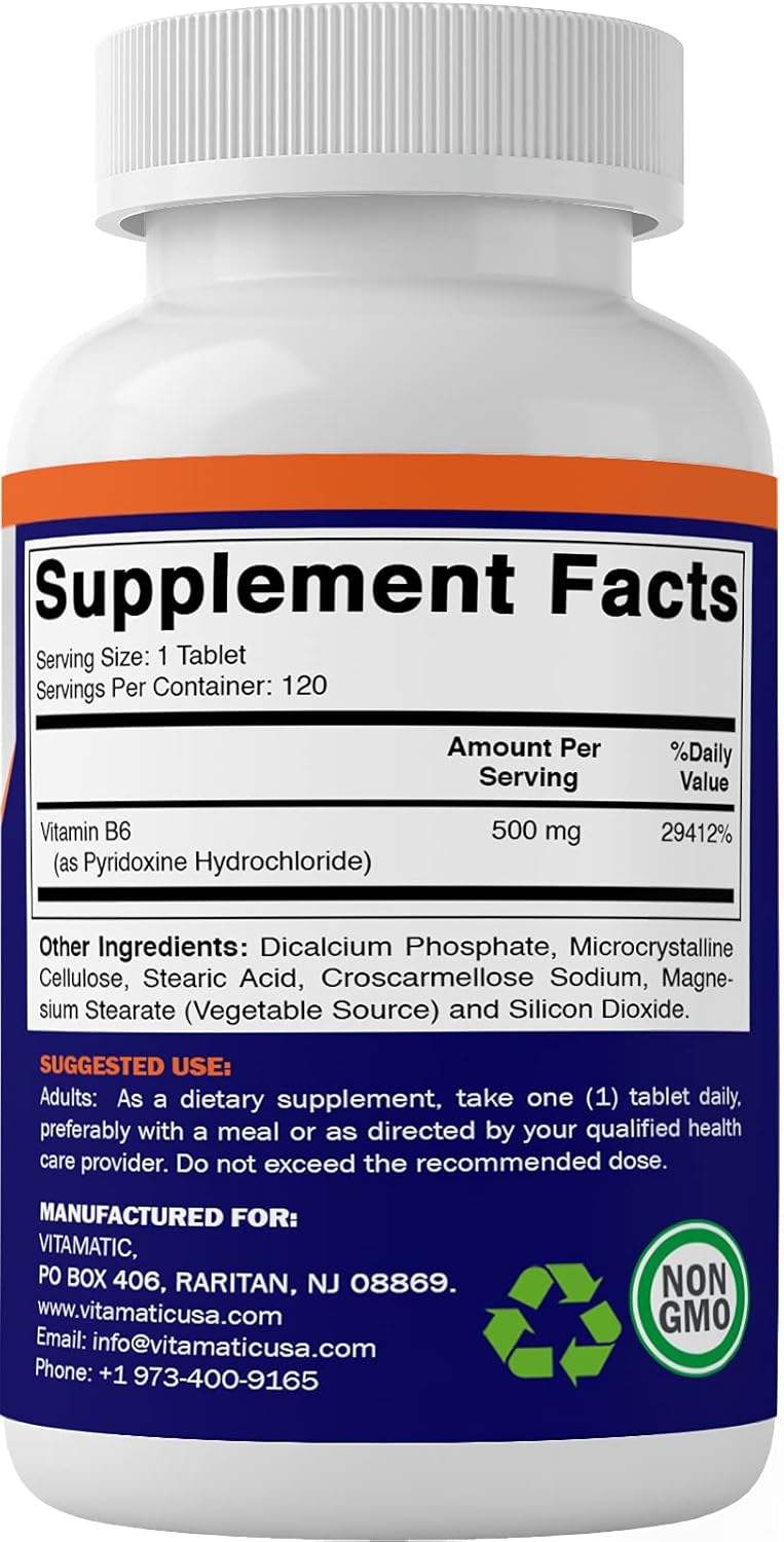 Vitamatic Vitamin B6 500mg - 120 Vegetarian Tablets for Energy, Metabolism, and Immune Health - BoostGo Australia