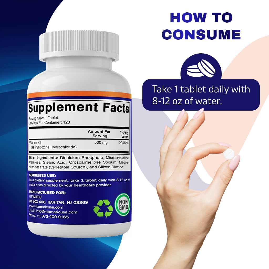 Vitamatic Vitamin B6 500mg - 120 Vegetarian Tablets for Energy, Metabolism, and Immune Health - BoostGo Australia