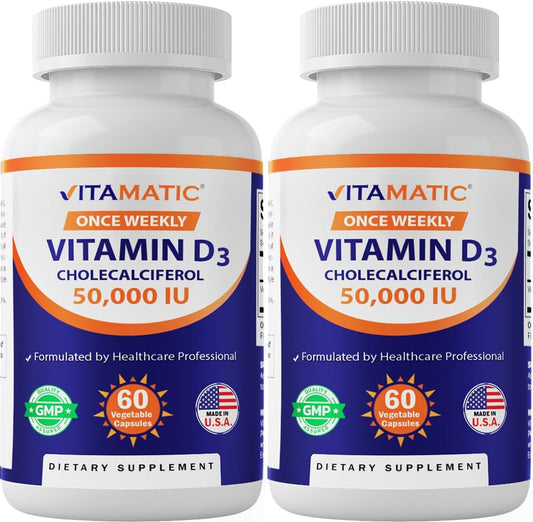 Vitamatic Vitamin D3 50,000 IU 2-Pack - Once Weekly Dose - 1 Year Supply - 120 Veg Capsules - Progressive Formula for Deficiencies