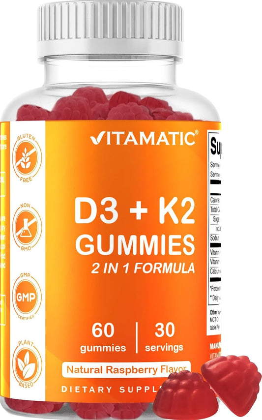 Vitamatic Vitamin D3 K2 Gummies - 60 Count - Supports Bone, Heart, & Immune Health - Plant Based & Non-GMO
