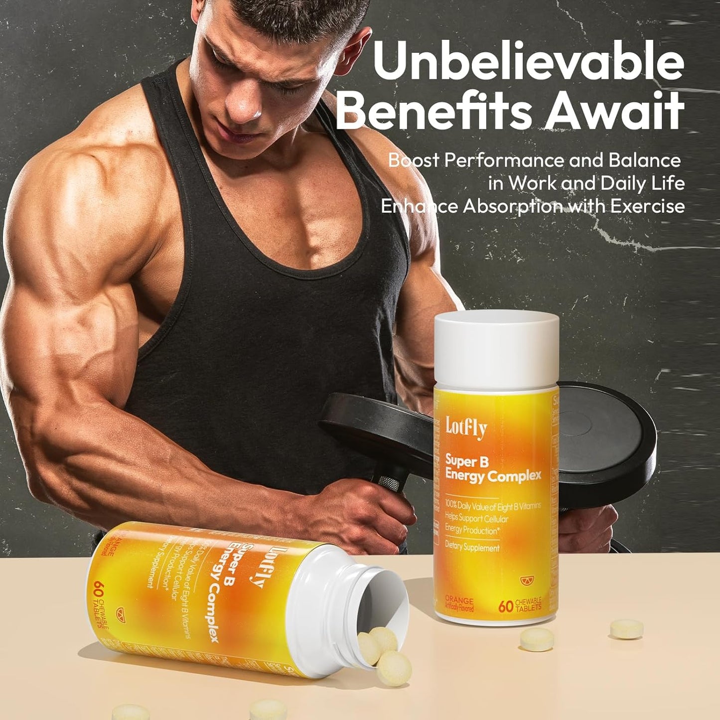 Vitamin B Complex with Taurine for Immune Support and Energy Metabolism - Blood Orange Powder - 60 Tablets for Men & Women