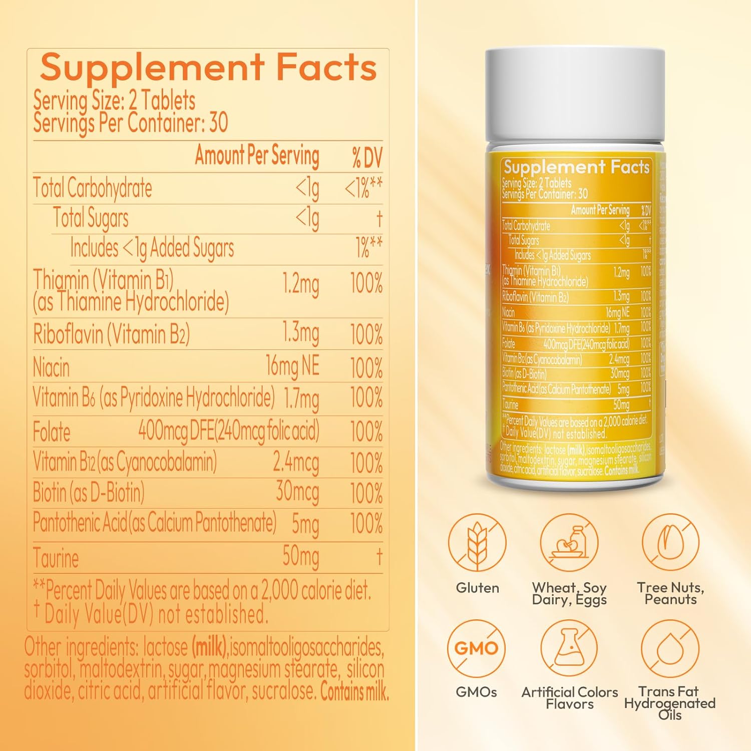 Vitamin B Complex with Taurine for Immune Support and Energy Metabolism - Blood Orange Powder - 60 Tablets for Men & Women