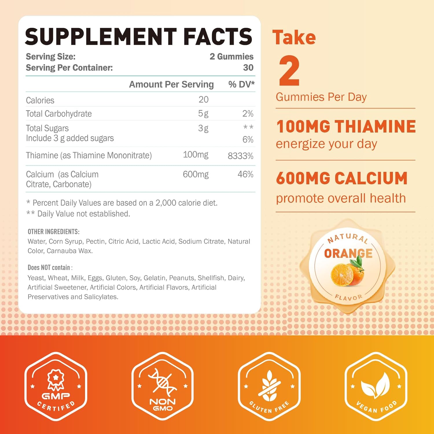 Vitamin B1 Gummies 100mg with Calcium for Energy & Nervous System Support - Orange Flavor, Non GMO, Vegan - 120 Chewable Gummies for Adults & Kids