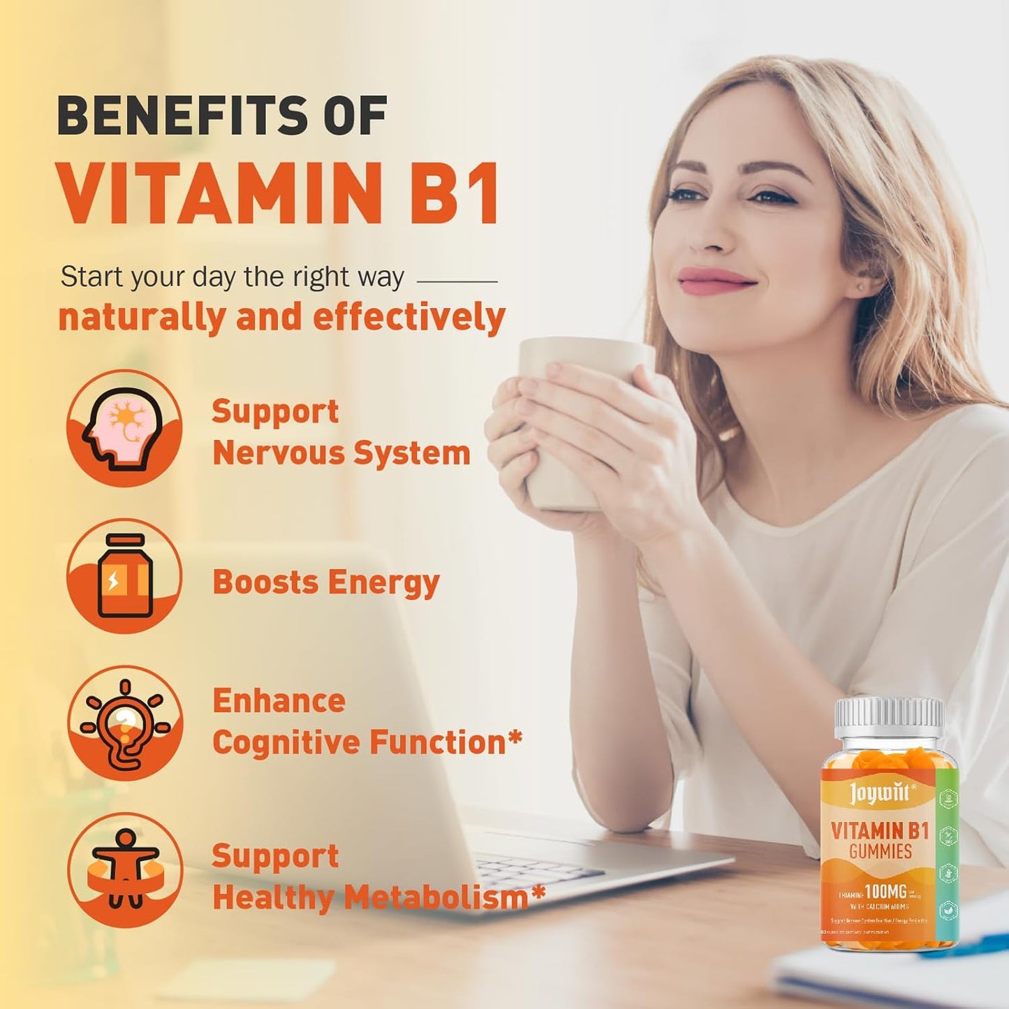Vitamin B1 Gummies 100mg with Calcium for Energy & Nervous System Support - Orange Flavor, Non GMO, Vegan - 120 Chewable Gummies for Adults & Kids