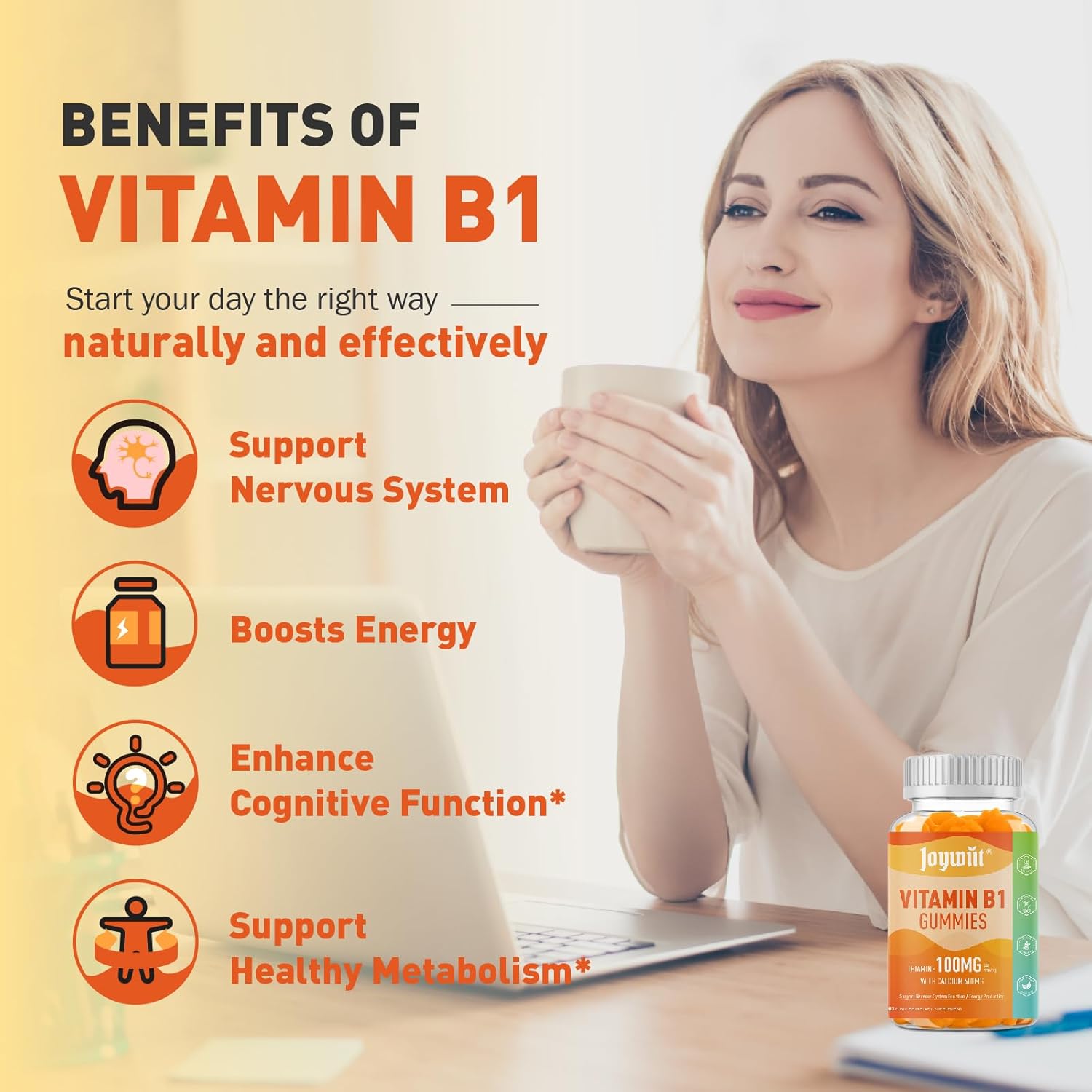 Vitamin B1 Gummies 100mg with Calcium for Energy & Nervous System Support - Orange Flavor, Non GMO, Vegan - 120 Chewable Gummies for Adults & Kids