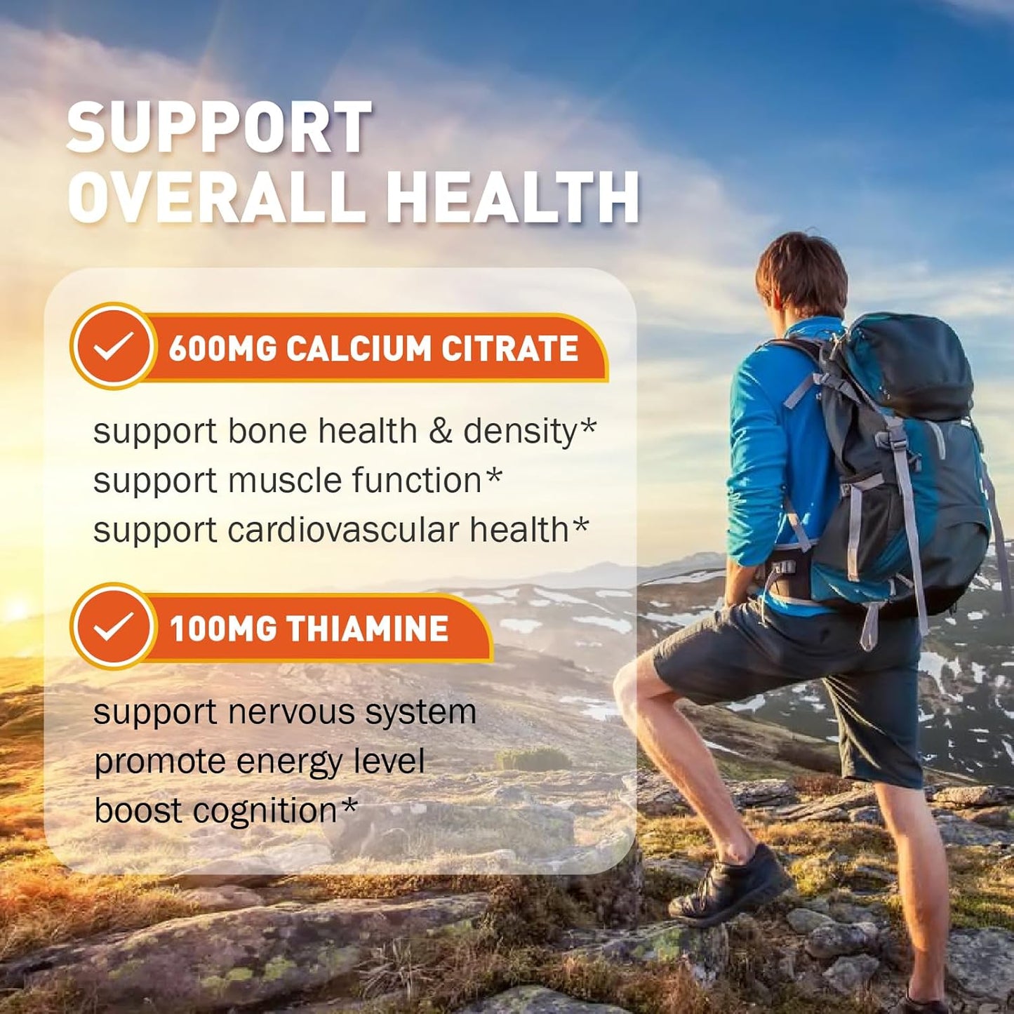 Vitamin B1 Gummies 100mg with Calcium for Energy & Nervous System Support - Orange Flavor, Non GMO, Vegan - 120 Chewable Gummies for Adults & Kids