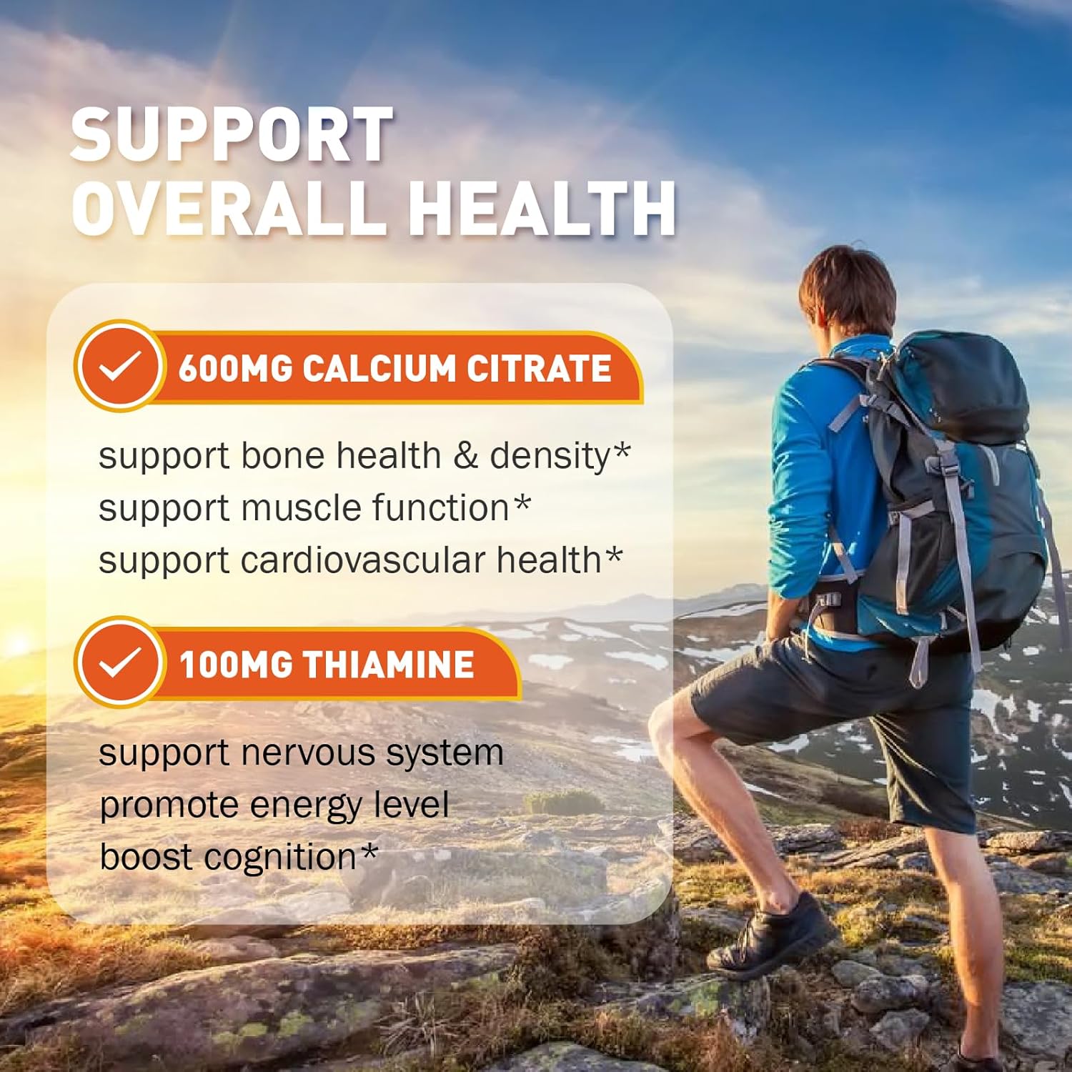 Vitamin B1 Gummies 100mg with Calcium for Energy & Nervous System Support - Orange Flavor, Non GMO, Vegan - 120 Chewable Gummies for Adults & Kids