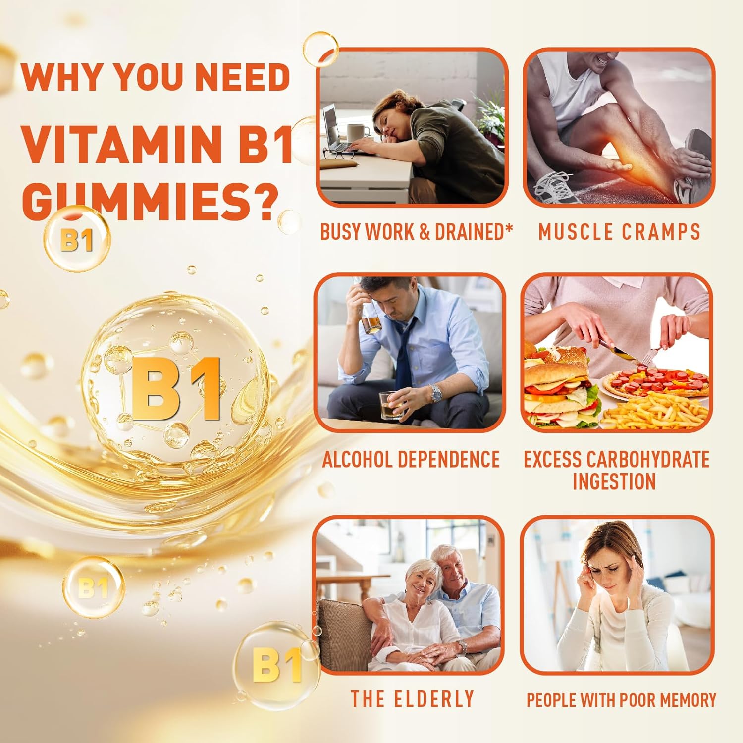 Vitamin B1 Gummies 100mg with Calcium for Energy & Nervous System Support - Orange Flavor, Non GMO, Vegan - 120 Chewable Gummies for Adults & Kids