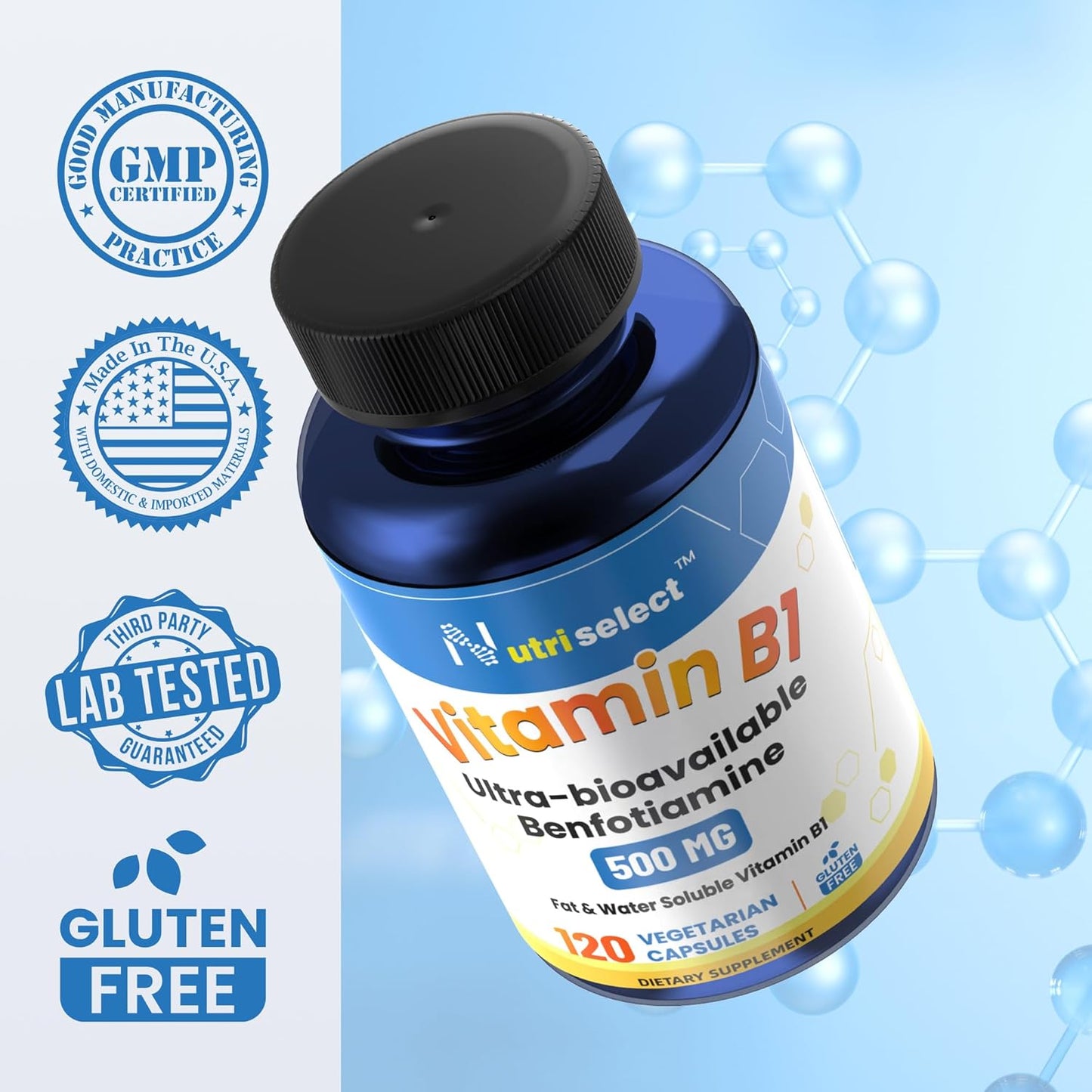 Vitamin B1 Supplement with 500mg Per Capsule - 120 Capsules, Non-GMO, Vegan, Gluten-Free