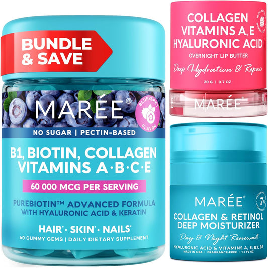 Vitamin B1 Thiamine Gummies, Lip Mask, Face Moisturizer Bundle with A, E, D, C Vitamins, Collagen, Hyaluronic Acid, and Retinol - Skin, Nails, Hair Care Kit for Anti-Aging & Dry Lips