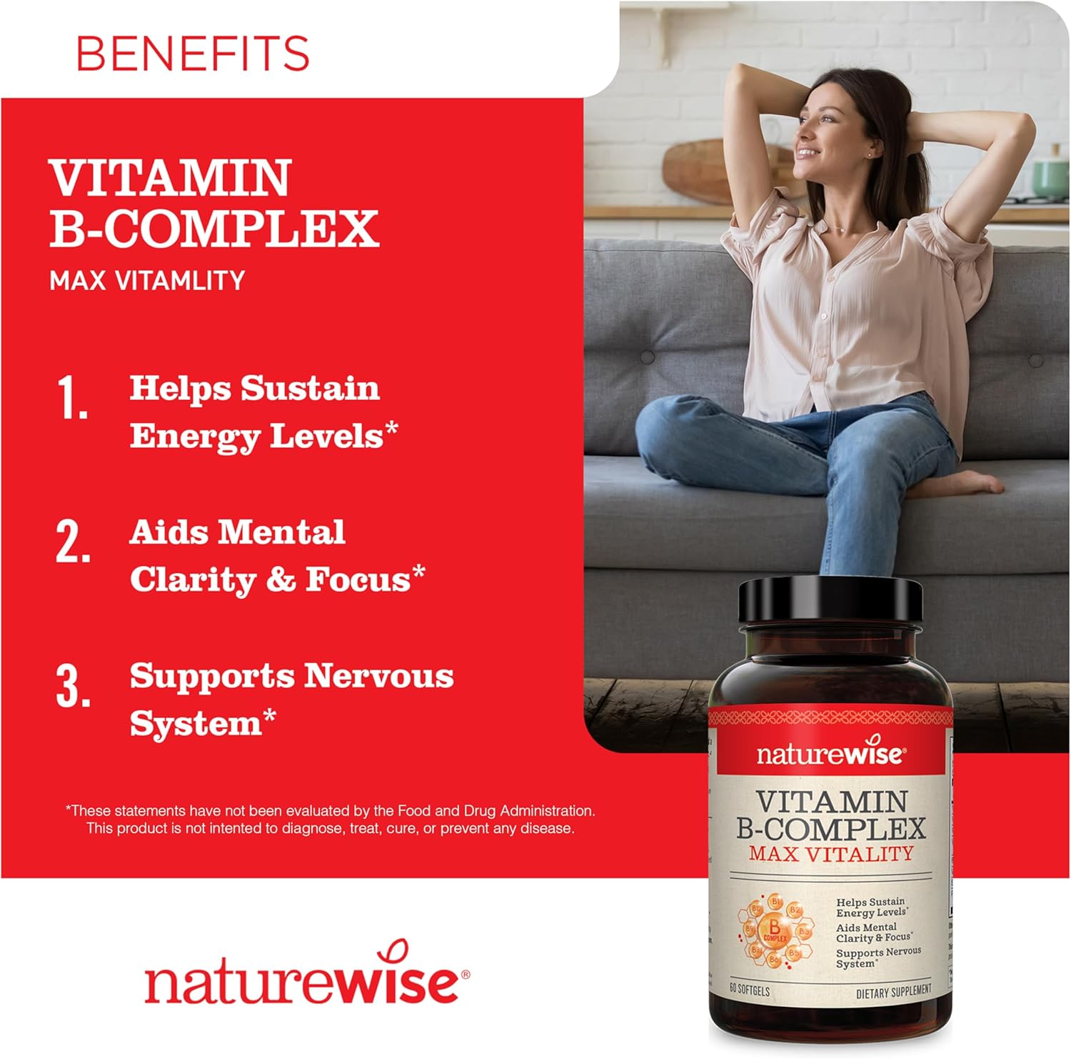 Vitamin B12 1,000 mcg and B Complex Softgels for Energy, Clarity, Vitality - 60 Count
