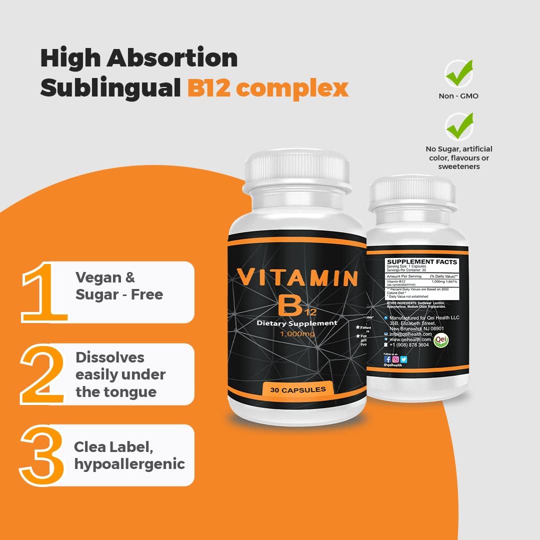 Vitamin B12 1000mg Capsules for Energy and Nervous System Support - 30 Count