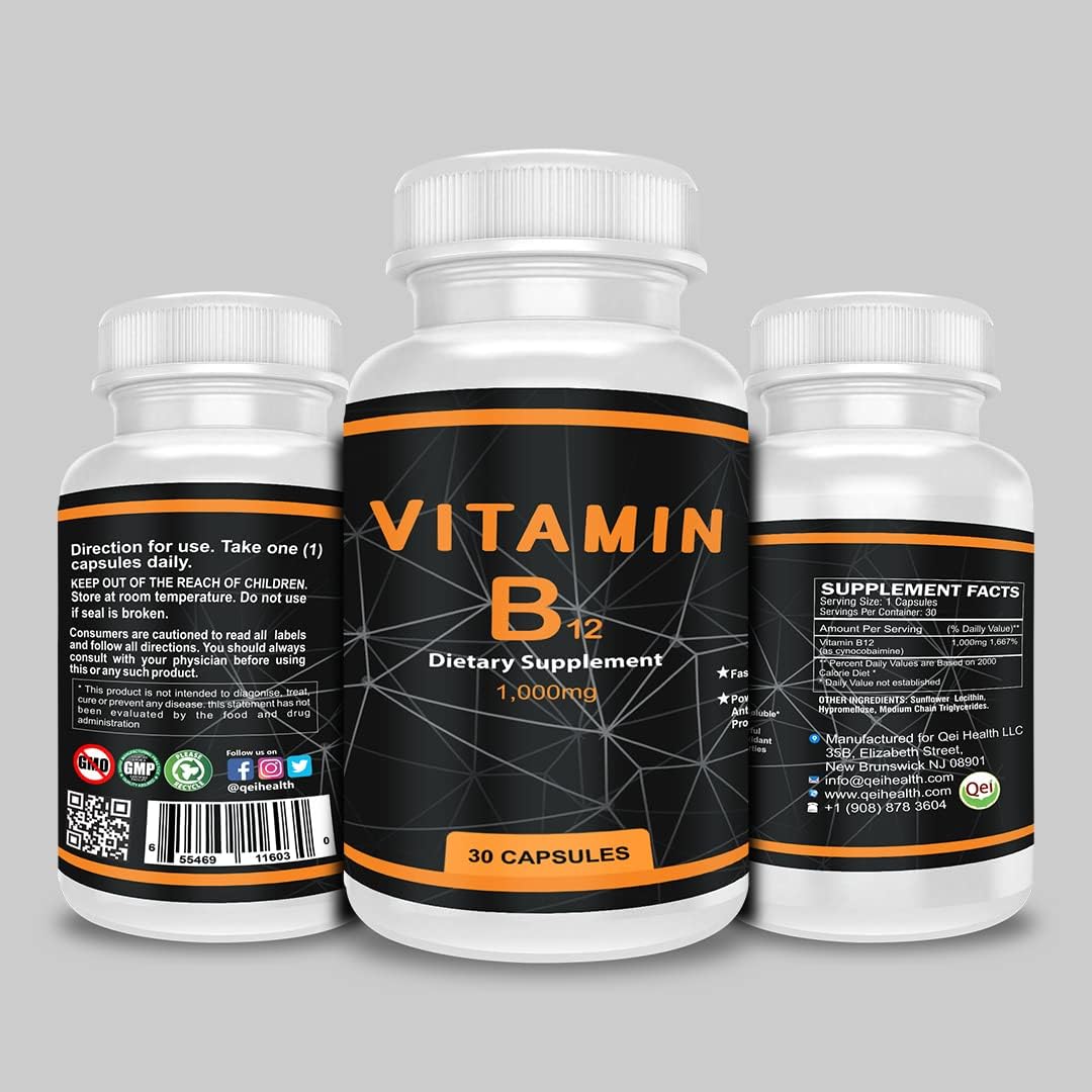 Vitamin B12 1000mg Capsules for Energy and Nervous System Support - 30 Count