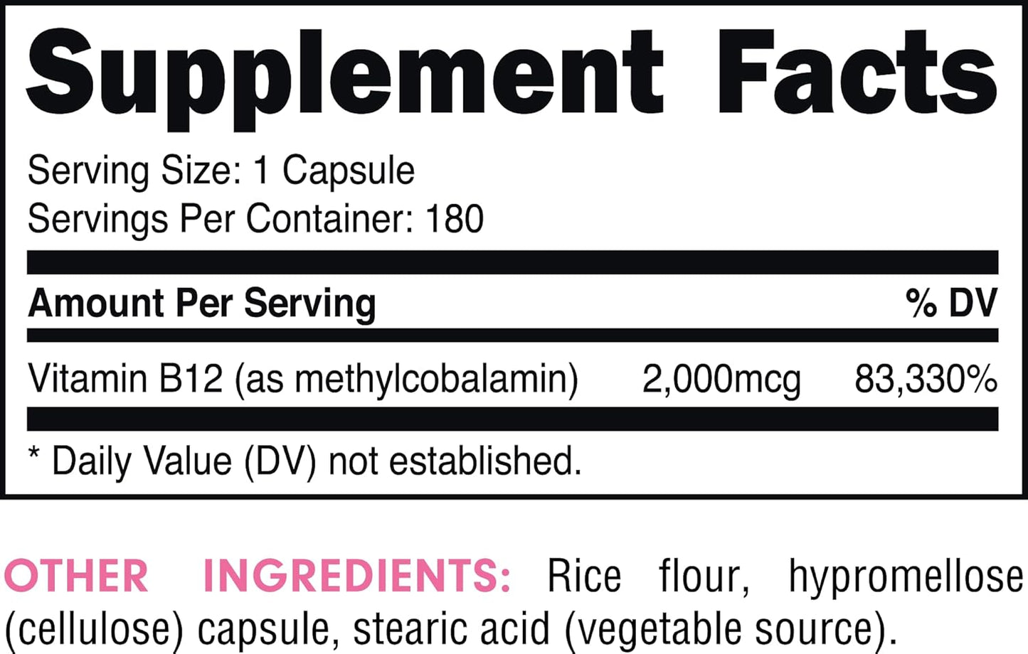 Vitamin B12 2000mcg Methylcobalamin Capsules - 180 Servings, Essentials Supplement