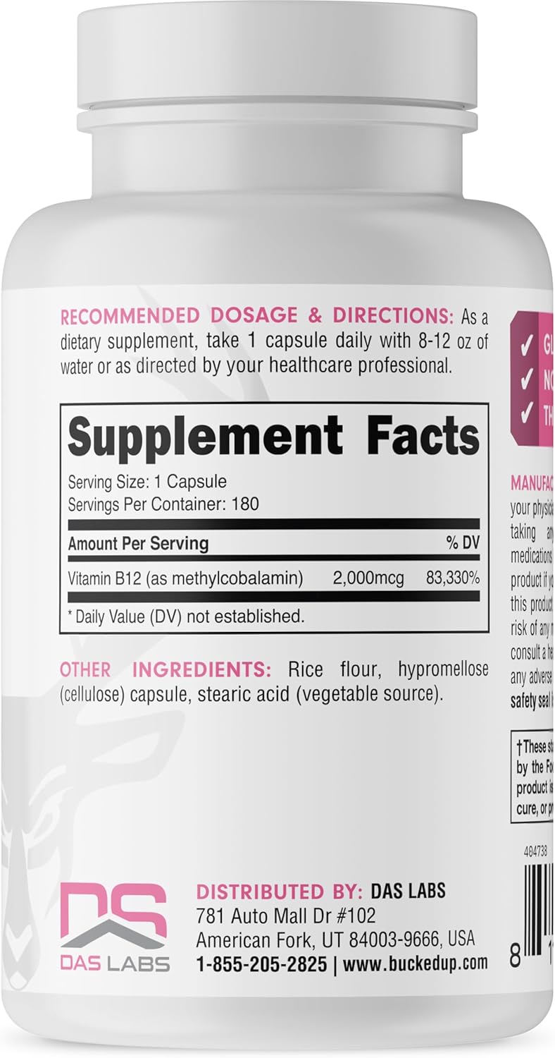 Vitamin B12 2000mcg Methylcobalamin Capsules - 180 Servings, Essentials Supplement