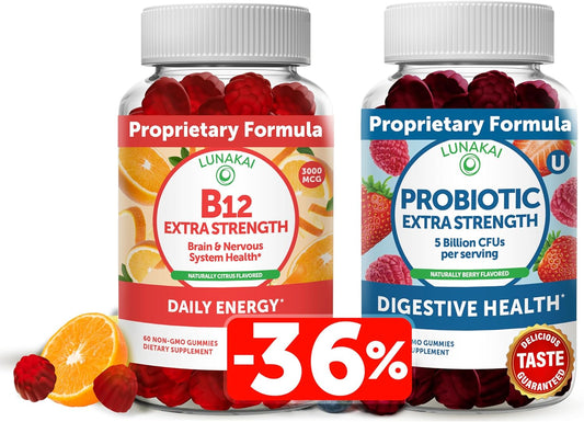Vitamin B12 and Probiotic Gummies Bundle for Energy, Bone, and Gut Health - 3000 mcg & 5 Billion CFUs with Vitamin C - Men and Women's Support