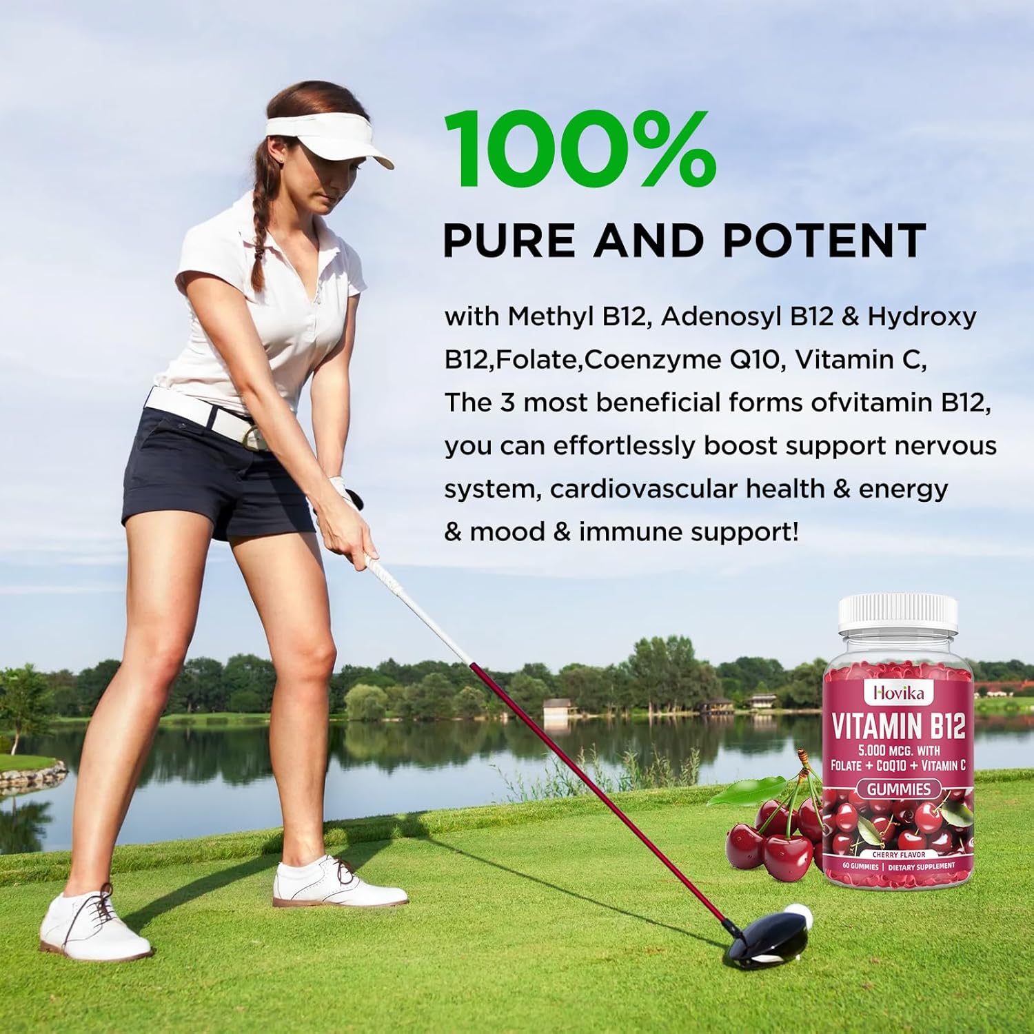 Vitamin B12 Complex 5000 mcg Chewable Tablets with Coenzyme Q10, Folate, and Vitamin C for Energy, Metabolism, and Bone Health - Cherry Flavor