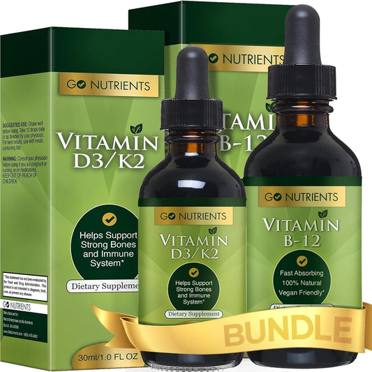 Vitamin B12 & D3 with K2 Liquid Drops Bundle | Liquid B12 Drops 2oz | Liquid D3 Drops 1oz | Non-GMO, Preservative-Free