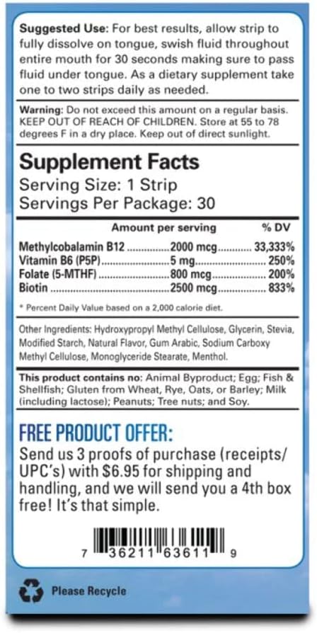 Vitamin B12 Strips with B6 and Biotin - 30 Day Supply of 2000 mcg Essentials