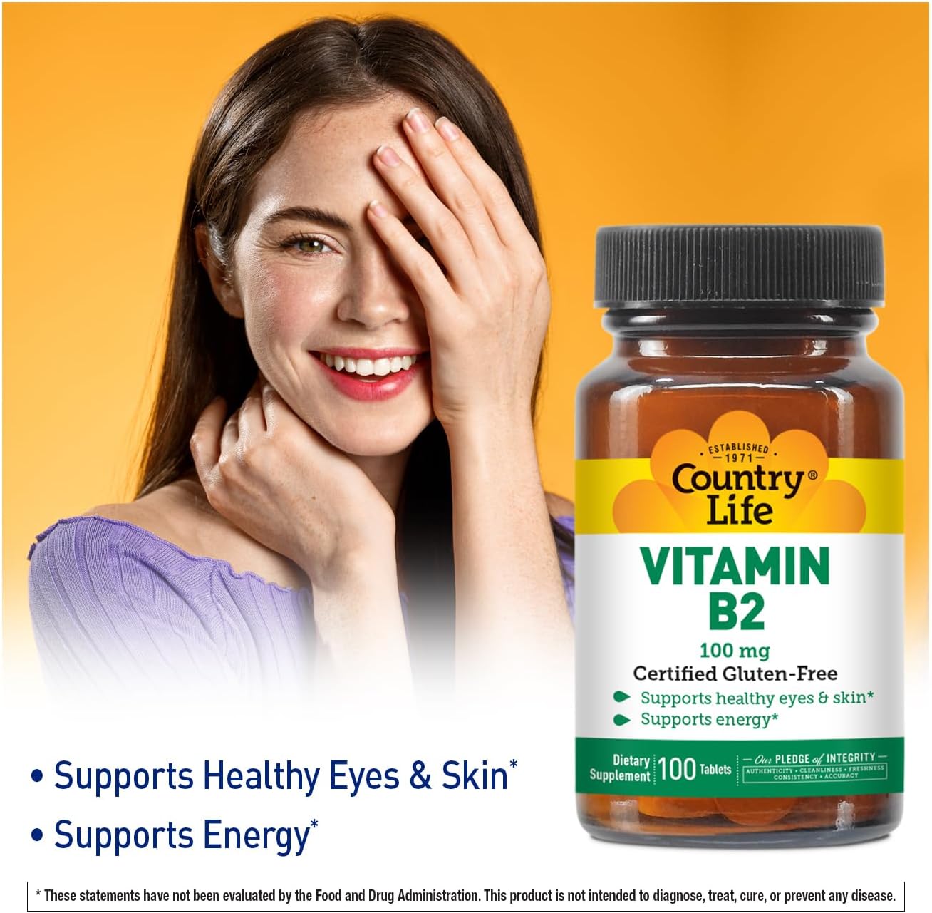 Vitamin B2 100mg Riboflavin Supplement for Energy & Cell Function - Gluten-Free, Vegan, Kosher, Halal - 100 Count Bottle with No Preservatives, GMOs, or Artificial Flavors