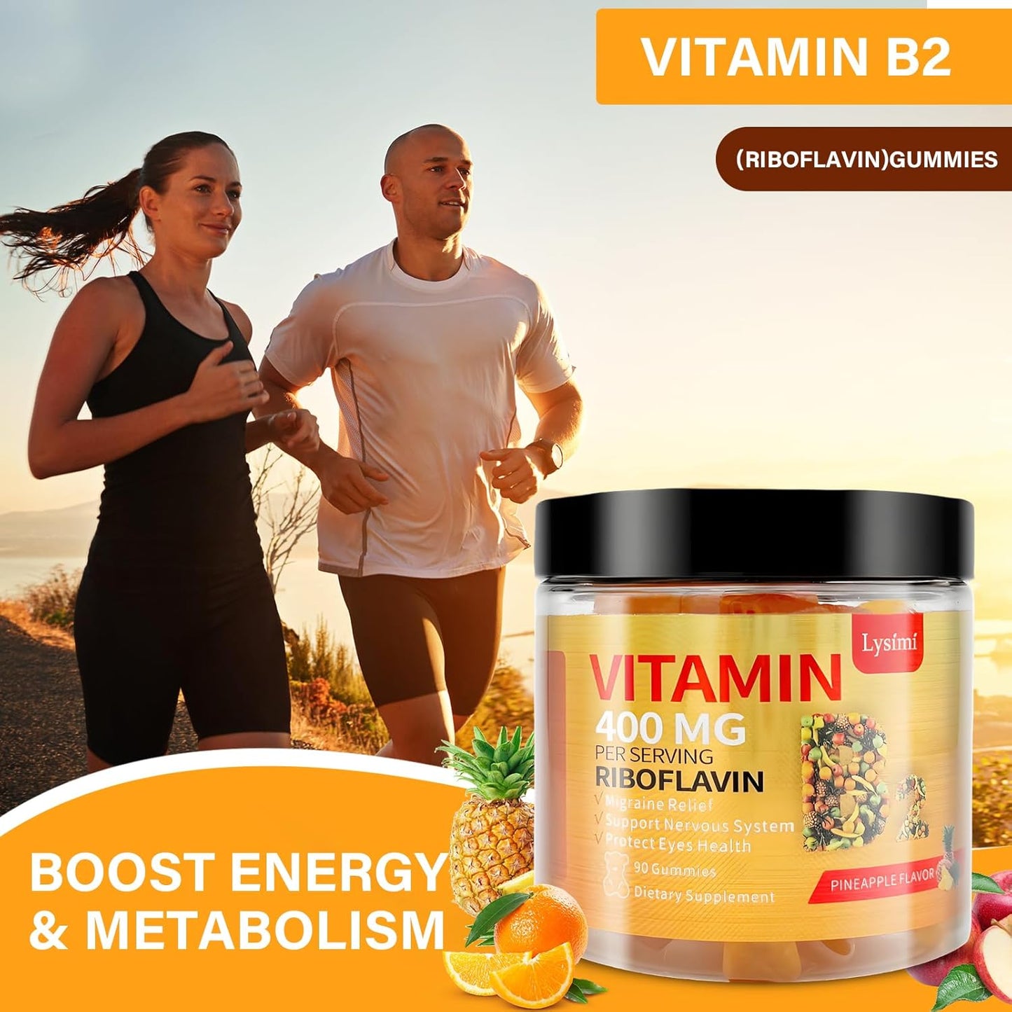 Vitamin B2 Gummies with Riboflavin 400mg, Magnesium, CoQ10 for Migraine & Headache Relief - 90 Pineapple Flavored Chewables for Kids & Adults