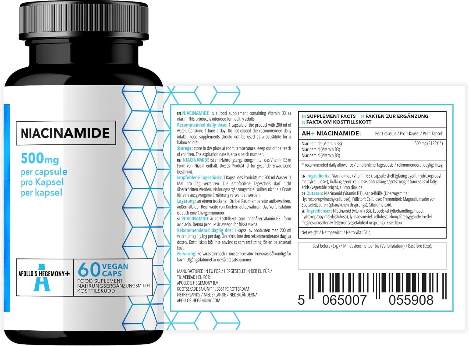 Vitamin B3 (Niacinamide) 500mg - 60 Capsules - Boost Metabolism and Nerve Function - 2 Month Supply