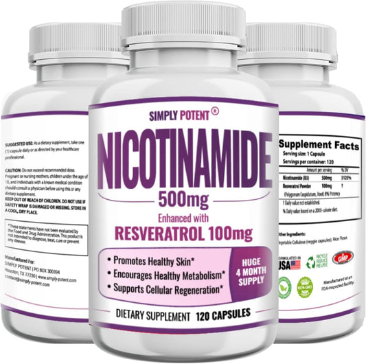 Vitamin B3 Supplement Capsules with Resveratrol for NAD Support & Energy Boost - 120 Vegetarian Capsules