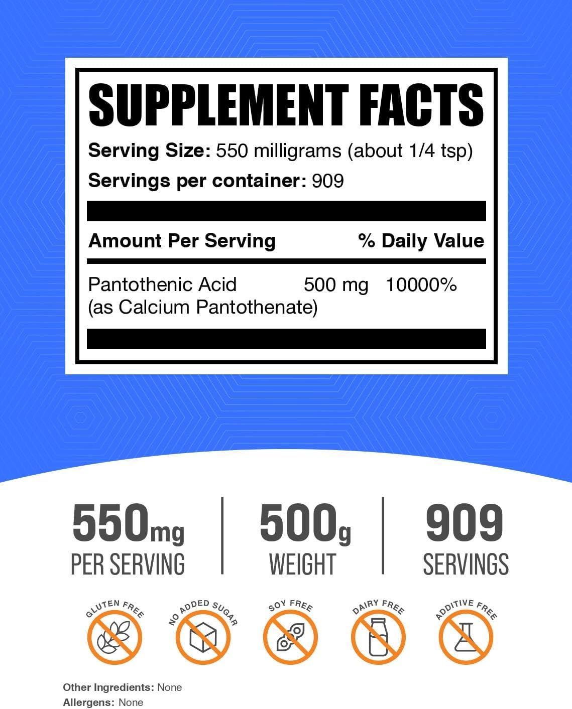 Vitamin B5 Powder - 500mg Pantothenic Acid, Calcium Pantothenate - Gluten Free, 500g (1.1 lbs) Powder Pack