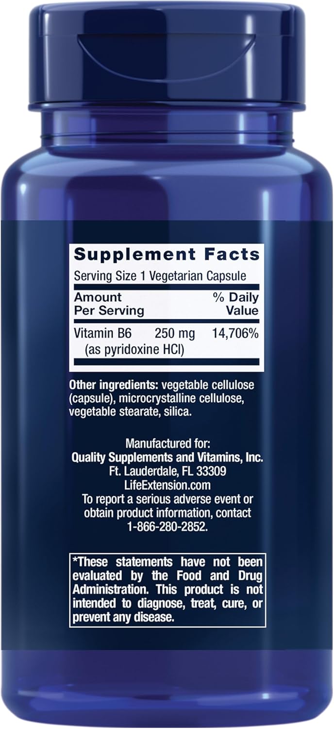 Vitamin B6 250mg and Magnesium 500mg Capsules for Cardiovascular, Neurological, Kidney, Eye, and Bone Health - 100 Vegetarian Capsules