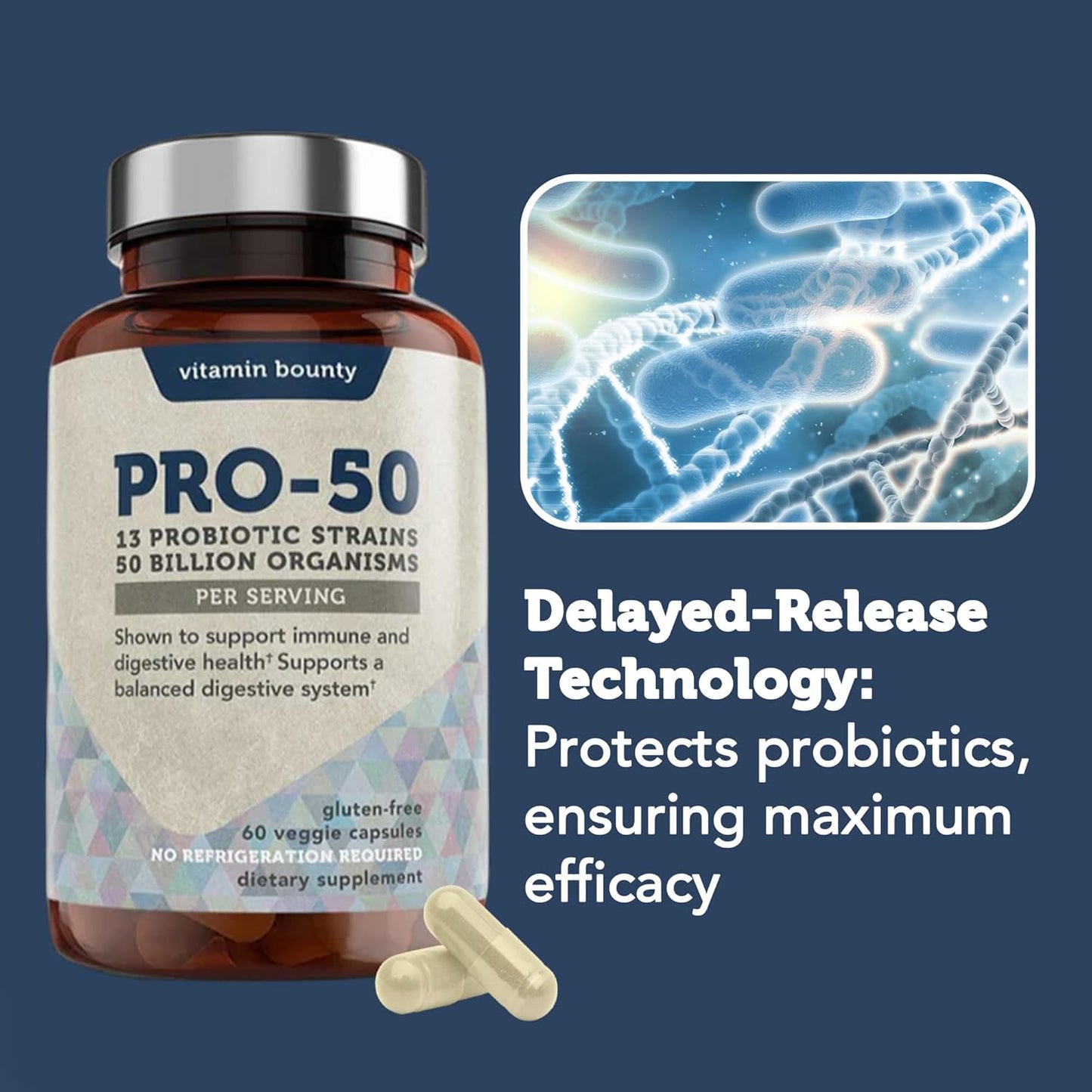 Vitamin Bounty Pro-50 Probiotic with 50 Billion Organisms and 13 Strains - Gut & Digestive Health Support, Delayed Release Capsules with Prebiotic Greens - 120 Capsules