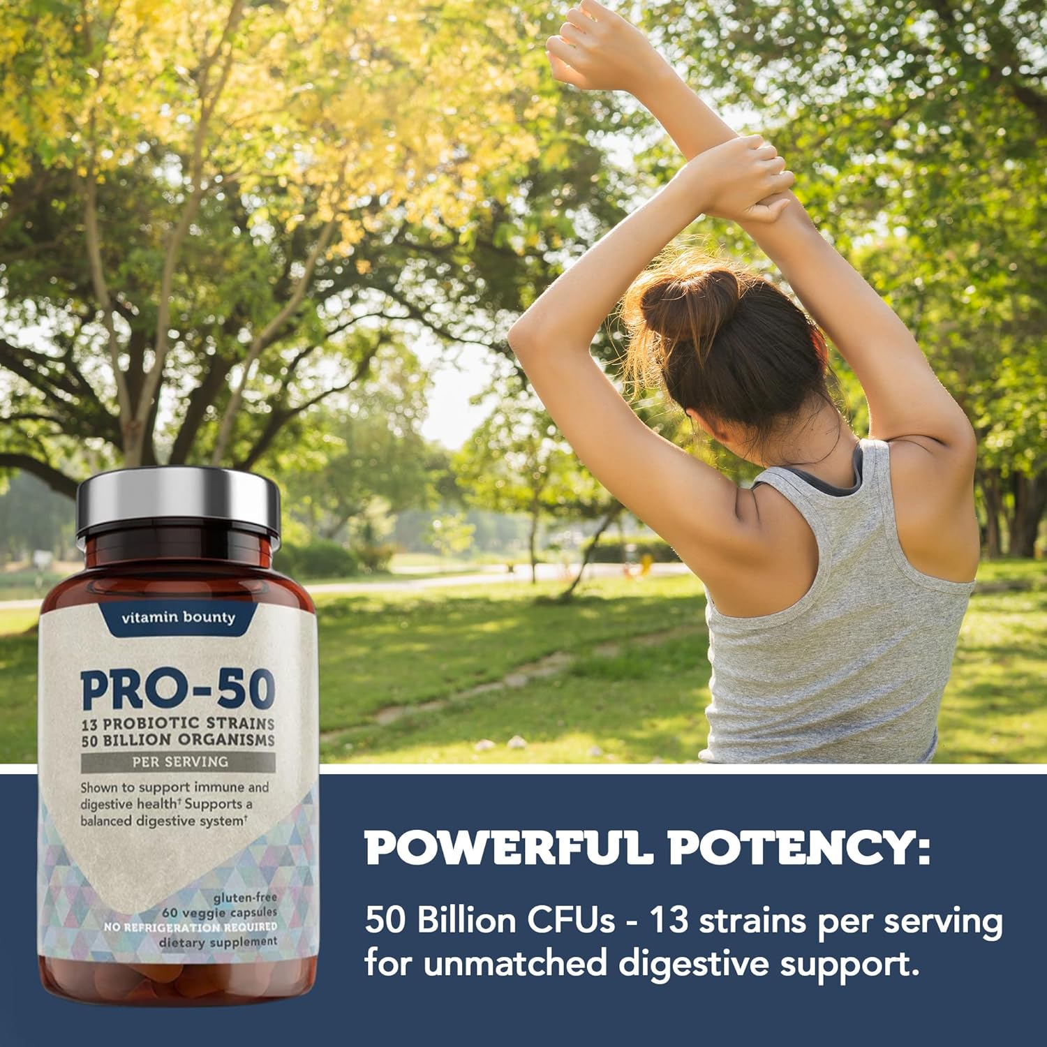 Vitamin Bounty Pro-50 Probiotic with 50 Billion Organisms and 13 Strains - Gut & Digestive Health Support, Delayed Release Capsules with Prebiotic Greens - 120 Capsules