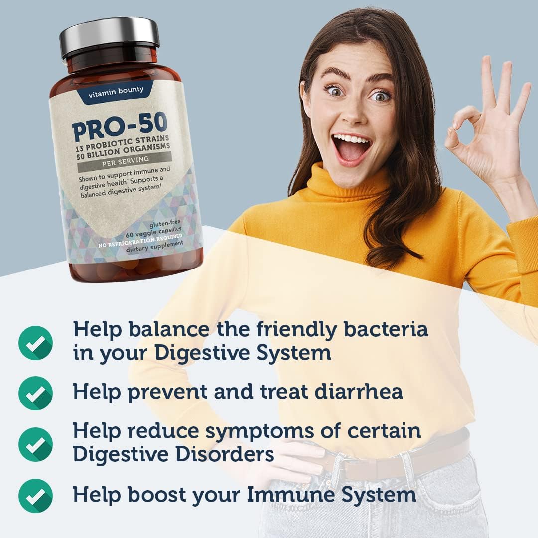 Vitamin Bounty Pro-50 Probiotic with 50 Billion Organisms and 13 Strains - Gut & Digestive Health Support, Delayed Release Capsules with Prebiotic Greens - 120 Capsules
