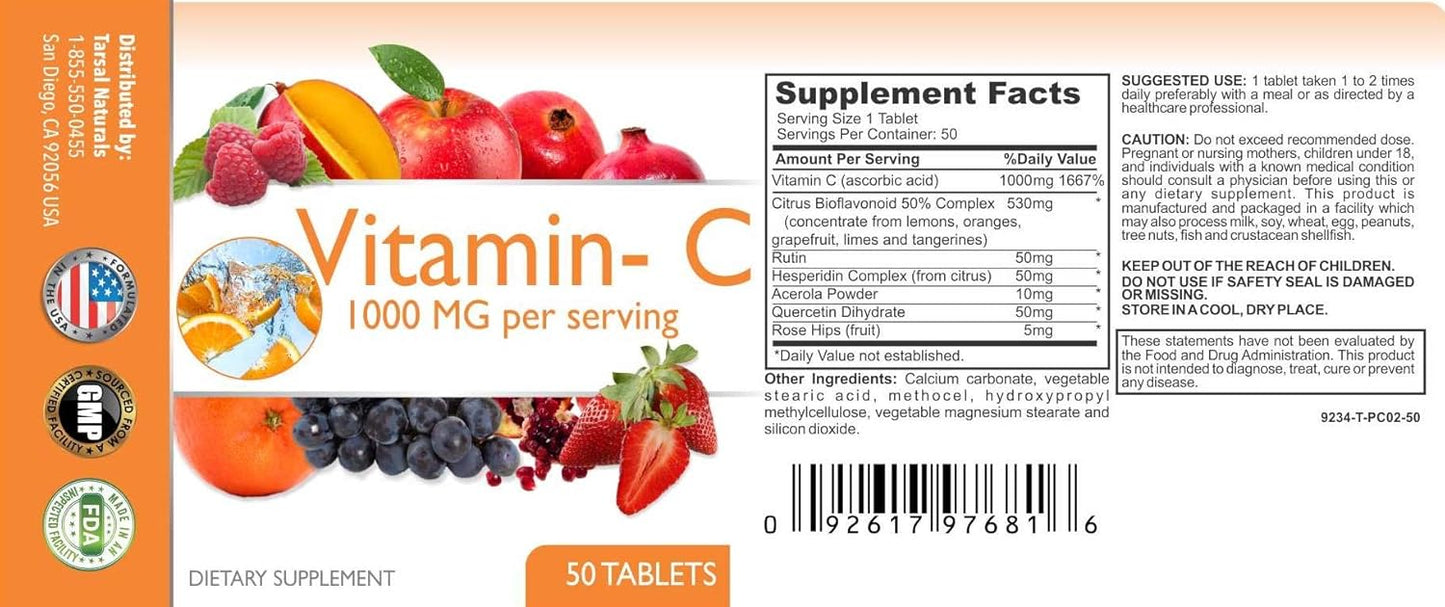 Vitamin C 1000 MG with Rose Hips Tablets for Ear and Eye Health, Immune Support, Iron Absorption - Made in USA in FDA Registered Facility - Gluten Free for Seniors