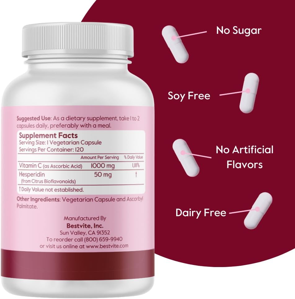 Vitamin C 1000mg (240 Vegetarian Capsules) with Citrus Bioflavinoids - Vegan, Non-GMO, Gluten Free