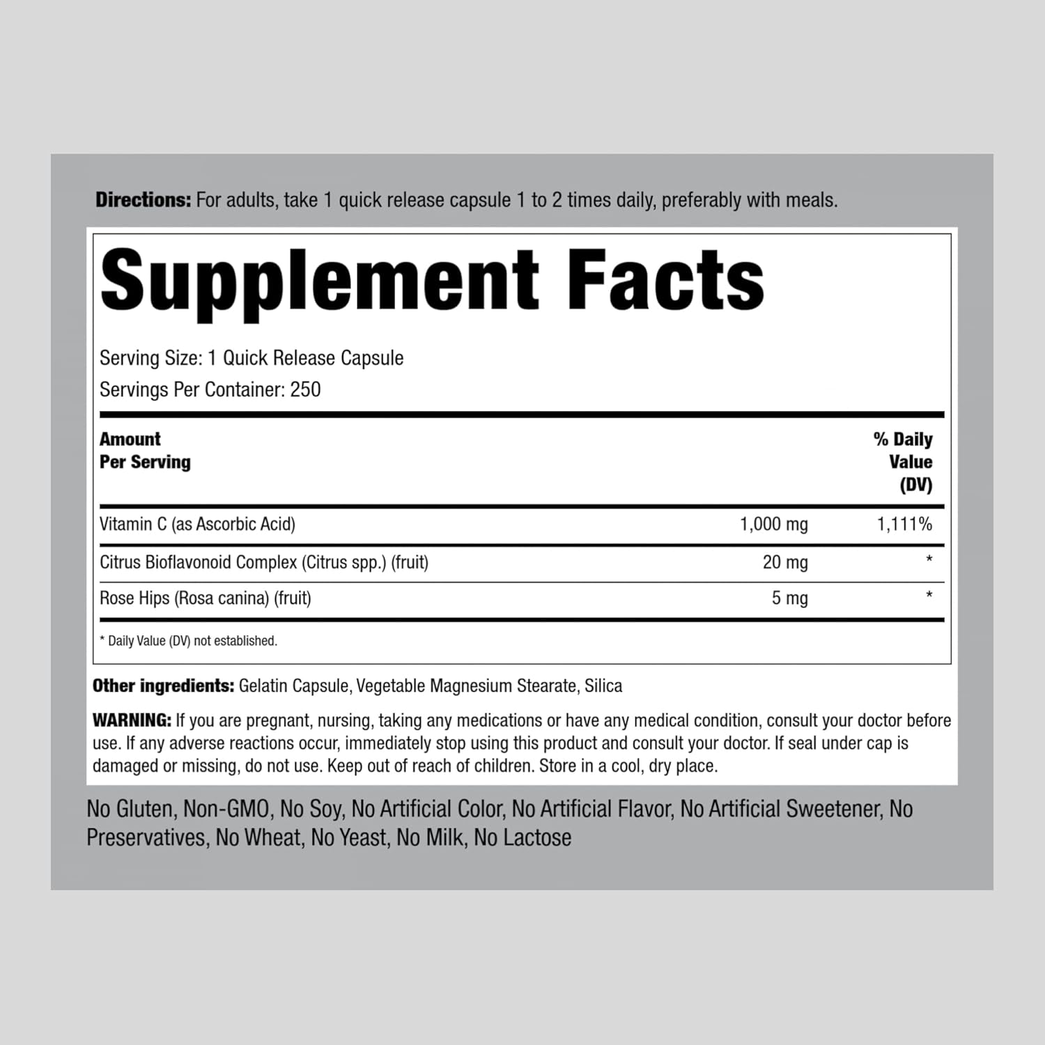 Vitamin C 1000mg Capsules with Bioflavonoids and Rose HIPS - 250 Count | Non-GMO, Gluten Free Supplement by Piping Rock